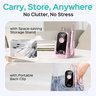COSLUS Professional Rechargeable Electric Nail Drill 40000 RPM, Portable Nail File with Storage Stand for Acrylic Gel Polishing Removing - Easy to Use for Women, Manicure at Home DIY or Salon, Pink - Image 6