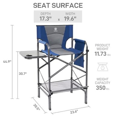EVER ADVANCED Tall Folding Chair 30.7" Seat Height Directors Chair High Foldable Bar Stool for Makeup Artist Face Painting with Side Table Cup Holder and Storage Pocket Supports 350LBS (Blue/Grey) - Image 3
