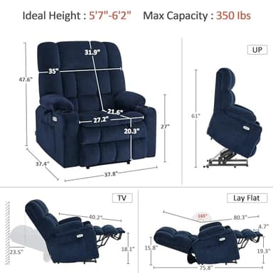 MCombo Oversized Power Lift Recliner Chair for Elderly, Dual Motor Lift Chair with Heat and Massage, Lay Flat Lift Chair for Big and Tall, Cup Holders, Fabric R7891 (Oversize, Navy Blue) - Image 2