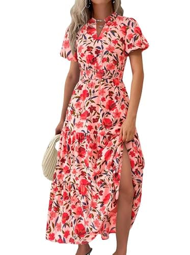 MASCOMODA Summer Maxi Dress for Women 2025 Casual V Neck Puff Short Sleeve Smocked Ruffle Flowy Beach Boho Long Floral Dress(Orange Pink Red Flower,Small) - Image 1