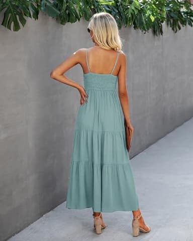 Dokuritu Women's Beach Crochet Lace Maxi Dress Solid Color Sage Green Wedding Guest Summer Spaghetti Strap Long Boho Dress 2024 (MintGreen, M) - Image 6