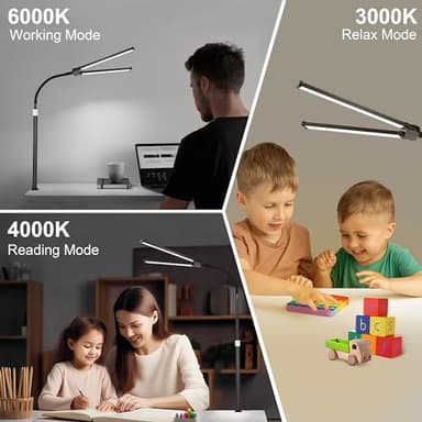 LED Desk Lamp for Office, Eye-Caring Desk Light with 3 Color Modes 10 Brightness, Adjustable Flexible Gooseneck and Retractable pole, 18W DC12V Desk Lamp with Clamp for Reading, Study, Workbench - Image 7