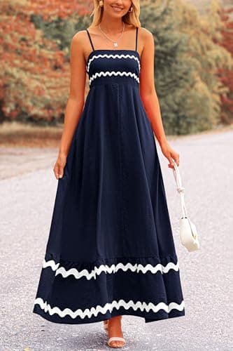 PRETTYGARDEN Women's 2025 Summer Flowy Maxi Dress Casual Sleeveless Spaghetti Strap Ruffle Beach Long Dresses (Dark Blue,X-Large) - Image 7