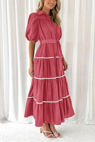 PRETTYGARDEN Women's Summer Button Down Shirt Dress Short Puffy Sleeve Tiered Ruffle Flowy Long Maxi Dresses (Dusty Pink,Medium) - Image 5