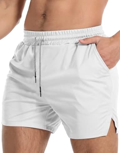 Aolesy Men's Gym Workout Shorts 5 Inch Lightweight Bodybuilding Athletic Shorts Running Training with Zipper Pockets & Towel Loop White - Image 1