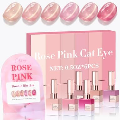 Double Rhythm Cat Eye Gel Nail Polish Set of 6 Same Color Same Bottle 0.5 Oz Shimmer Glitter with Magnet Holographic Reflective Magnetic UV Nail Polish Kit at Home (Glass Nude Pink Rose-T6-32) - Image 1