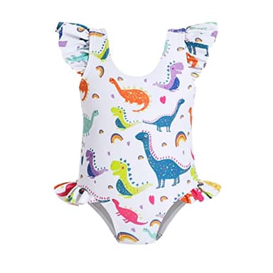 YOUNGER TREE Toddler Baby Girls Swimsuit Infant One Piece Bathing Suits Cute Dinosaur Beach Wear Sunsuit Ruffle Swimwear (3T-4T, White)… - Image 1