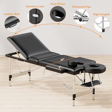 Massage Table Portable 84" Long 24" Wide Professional 3 Sections Reclining Massage Couch, Aluminum Adjustable Esthetician Bed Tattoo Table SPA Lash Salon Bed with Carrying Bag (Black) - Image 4