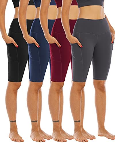WHOUARE 4 Pack Biker Yoga Shorts with Pockets for Women,High Waisted Athletic Running Workout Gym Tummy Control,Black,Navy,Dark Gray,Burgundy,XXL - Image 1