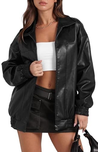 Sampeel Black Faux Leather Jacket Women Baggy Oversized Motorcycle Bomber Coats 2025 Fall Going Out Outfits Winter Clothes M - Image 1