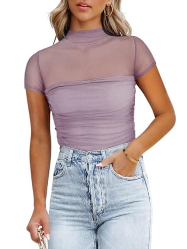 REORIA Sexy Bodysuits for Women Classic Mock Turtle Neck Short Sleeve Slim Fit Shirts Sheer Mesh Ruched Trendy Going Out Tops Cute Office Bodysuits Hazy Lilac Large - Image 3