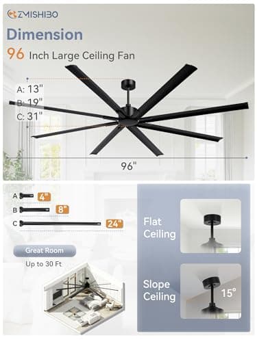 ZMISHIBO 96 Inch Industrial DC Motor Ceiling Fan, Large Ceiling Fan with 8 Reversible Blades, 3 Downrods, 6-Speed Remote Control, Home or Commercial Ceiling Fans for Porch/Garage/Shop, Black - Image 6