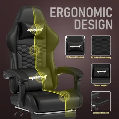 Opiesit Gaming Chair, Computer Office Chair with Footrest, Linkage Armrests and Lumbar Support, High Back Ergonomic Gamer Chairs for Adults, Black PU Leather - Image 6
