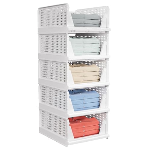 5 Pack Stackable Closet Storage Basket - Stackable Storage Bins, Multifunctional & Foldable Closet Organizer, Wardrobe Cupboard Space-Saving Hat Storage Drawer Organizer, White - Image 1