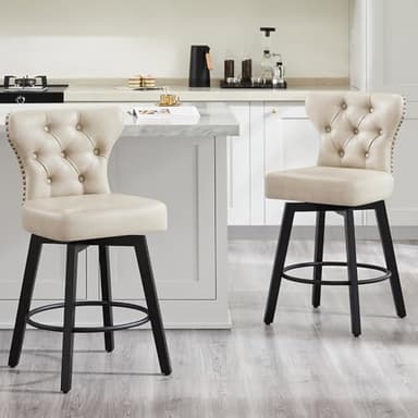Counter Height Barstools 26 inch Upholstered Button Tufted Swivel Bar Stools with Back and Wood Legs for Kitchen Island,Set of 4,Beige-Nailhead Trim - Image 7
