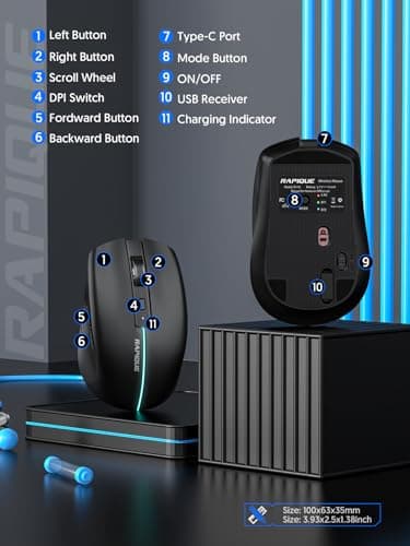 RAPIQUE Bluetooth Wireless Mouse - (BT1/BT2+USB) Tri-Mode High Performance, Rechargeable, Quiet Click, Multi-Device Compatibility for Laptop, Computer, MacBook, Tablet, PC (Black) - Image 6