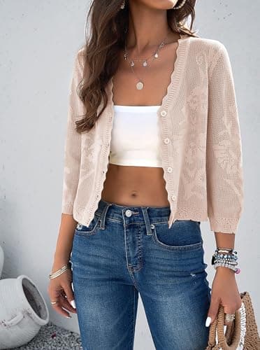 Kate Kasin Women's 3/4 Sleeve Cardigans Sweater Soft Lightweight V Neck Button Down Crochet Knit Textured Shrugs for Dress Beige Small - Image 8