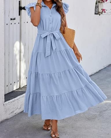 dowerme Ladies Dress 2025 Ruffle Cap Sleeve Button Down V Neck Tie Waist Plain Pleated Tiered Boho Flowy A-Line Dresses(Sky Blue,Medium) - Image 4