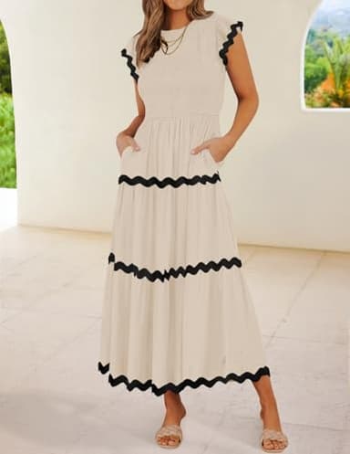 ZESICA Women's Summer Flutter Short Sleeve Smocked Midi Dress Casual High Waist Rickrack Tiered Flowy Dresses,Apricot,Medium - Image 2