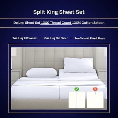 California Design Den Split King Sheets Sets for Adjustable Bed - Luxury 1000 Thread Count Sateen, Thick and Natural 100% Cotton Bed Sheets, Deep Pockets, Soft and Durable Bedding Set - White - Image 3