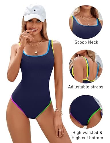 BMJL Women's Tummy Control Swimsuits Ribbed One Piece Bathing Suit Slimming High Cut Monokini Swimwear(XL,Rainbow Navy Blue) - Image 3