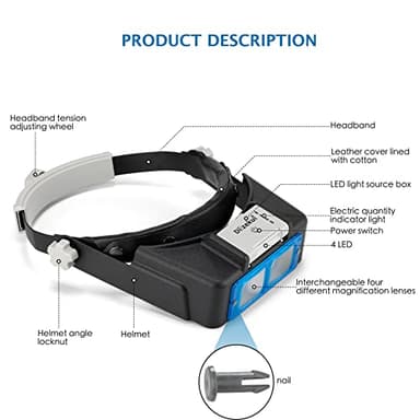 Dilzekui Headband Magnifier with LED Light, Rechargeable Head Mount Magnifier 1.5X to 3.5X, Opitcal Magnifying Glass with Lens, Jewelers Optivisor Hobbies Visor Manifying Glasses for Close Work - Image 3