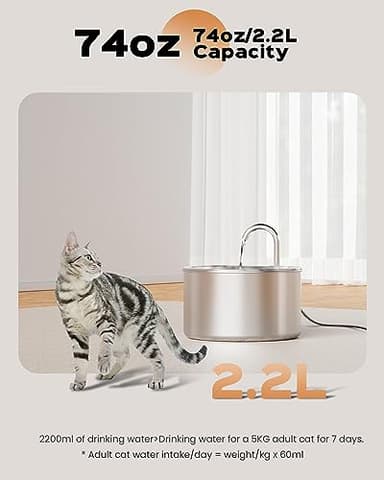 AOOGITF Cat Water Fountain + 6 Filters + 3 Sponges, 304 Stainless Steel Pet Water Fountain, 24 Hours Keep The Water Clean, 74oz Capacity, Ultra-Quiet, No Sputter, Compact, Easy Cleaning - Image 6