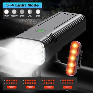 YANRI Bike Lights 8 LED Bike Lights for Night Riding, 1500 Lumens Super Bright Bike Light, Rechargeable & Waterproof Bicycle Lights, Bike Headlight with Free Taillight - Image 3