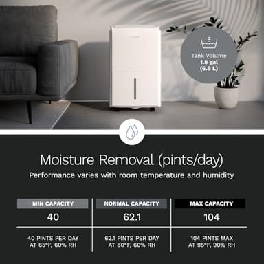 hOmeLabs 40 Pint Dehumidifier with Pump for up to 6,000 Sq Ft Rooms (MAX 104 Pint at 95°F, 90% RH) – Powerful Moisture Removal for Medium to Large Rooms and Basements - Image 4