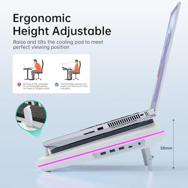 llano RGB Laptop Cooling Pad, White, Powerful Turbofan, Quiet Cooling, Touch Control, LCD Screen, Seal Foam, 15-19in Laptops - Image 4