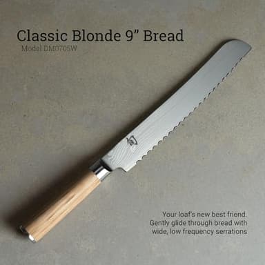 Shun Classic Blonde 9" Bread Knife, Handcrafted Japanese Serrated Knife, VG-MAX Core with Damascus Stainless Steel Cladding, Pakkawood Handle, Slicing Tool for Professional and Home Chefs - Image 2