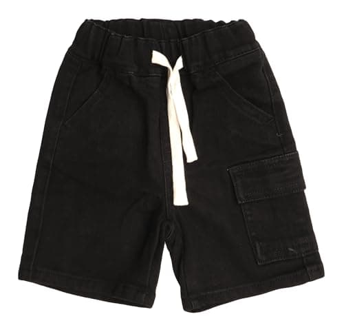 KIDSCOOL SPACE Kids' Denim Shorts,Ribbed Elastic Waist with String Summer Jeans Half Cargo Jeans, Black,11-12 Years - Image 1