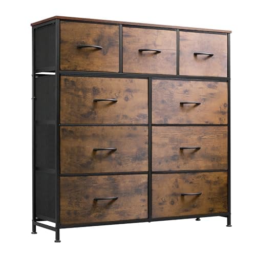 WLIVE 9-Drawer Dresser, Fabric Storage Tower for Bedroom, Hallway, Entryway, Closet, Tall Chest Organizer Unit with Fabric Bins, Steel Frame, Wood Top, Easy Pull Handle, Rustic Brown Wood Grain Print - Image 1