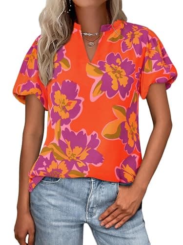 MASCOMODA Boho Short Sleeve Floral Work Blouses for Women Dressy Casual V Neck Puff Sleeve Loose Chiffon Flowy Tops Shirts(Orange Purple Flower,XX-Large) - Image 1