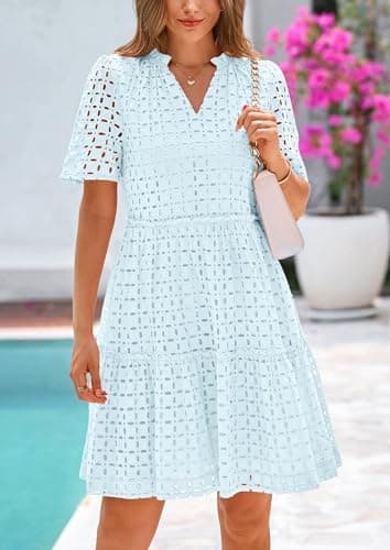 PRETTYGARDEN Eyelet Dresses for Women 2025 Summer Short Sleeve V Neck Hollow Out Ruffle A Line Boho Beach Vacation Mini Dress (Light Blue,Large) - Image 7