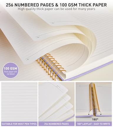 A4 Spiral Notebook Journal 8.5” x 11”, 256 Numbered Pages Hardcover Leather Journals for Women Men, Large Lined College Ruled Notebooks, 100GSM Thick Paper, Spiral Bound Journal for Work School, Purple - Image 5
