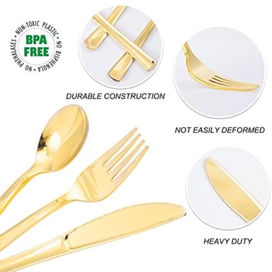 N9R 300PCS Gold Plastic Silverware, Heavy Duty Gold Plastic Cutlery Set Disposable Flatware Dinnerware, 100 Forks, 100 Spoons, 100 Knives, Perfect for Party, Wedding and Daily Use - Image 5