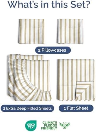 Extra Deep Split King Sheet Set - 7 Piece Breathable & Cooling Sheets - Hotel Luxury Bed Sheets Set - Easy Fit - Soft, Wrinkle Free & Comfy Sheets Set - Beige Striped Sheet Set w/Extra Deep Pockets - Image 3