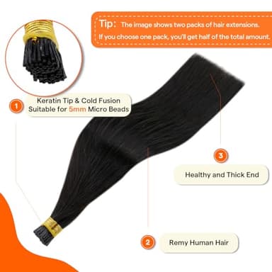 Full Shine I Tip Hair Extensions Human Hair Color 1B Off Black 22 Inch 40 Grams Long Straight Itip Human Hair Extensions add Length Pre Bonded Extensions Remy Hair for Women - Image 2
