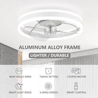 SAMPHON Low Profile Ceiling Fans with Lights and Remote, 15.7'' Led Flush Mount Ceiling Fan, Stepless Dimmable Bladeless Small Ceiling Fans with Lights for Bedroom, Living Room and Kitchen - White - Image 3