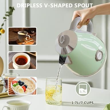 Evoloop Electric Tea Kettle, 1500W /1.7 Liter Hot Water Boiler Heater Pot, Retro Electric Kettle with Thermometer, Auto Shut-Off & Boil-Dry Protection, BPA Free,Stainless Steel Teapot - Image 7