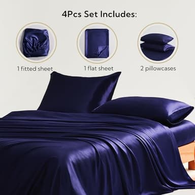 Candoury Satin Sheets Bed Set 4 Pcs, King Size Silky Bedding Set, Soft and Durable Pillowcase, Flat Sheet and Fitted Sheet, Hotel Luxury Bed Sheets Set(King, Navy Blue) - Image 2