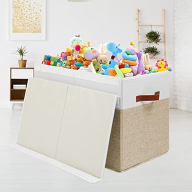 Large Toy Storage Box with Lid, Sturdy Toys Storage Chest Bin Organizer Basket with Dividers for Kids, Boys, Girls, Nursery, Closet, Bedroom, Playroom 25"x13" x16" (Beige and White) - Image 4