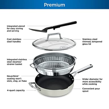 Ninja CW102WH Foodi NeverStick PossiblePan, Premium Set with 4-Quart Capacity Pan, Steamer/Strainer Basket, Glass Lid & Integrated Spatula, Nonstick, Durable & Oven Safe to 500°F, Vanilla Bean - Image 11