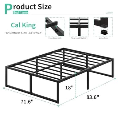 Lutown-Teen 18 Inch California King Bed Frames Sturdy Mattress Foundation, Heavy Duty Metal Cal King Platform with Steel Slats Support No Box Spring Needed, Noise Free, Easy Assembly, Black - Image 2