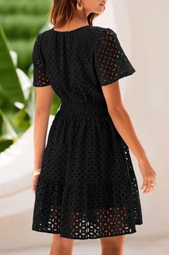 PRETTYGARDEN Womens 2025 Summer Short Dress V Neck Short Sleeve A Line Hollow Out Lace Ruffle Cute Casual Beach Party Dresses (Black,X-Large) - Image 2