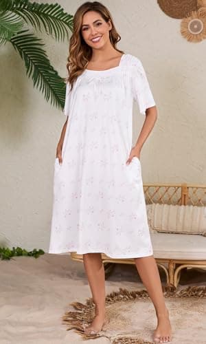 Kabento Short Sleeve Houe Dresses for Women with Pockets, White Pink Flowers, Large - Image 6