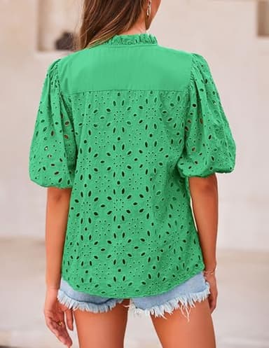 PRETTYGARDEN Women's Summer Tops 2025 Dressy Casual Short Sleeve V Neck Buttons Hollow Out Lace Embroidered Blouses Shirts (Green,Medium) - Image 2