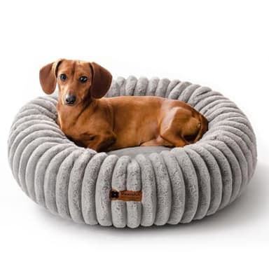 MEWOOFUN Donut Dog Beds for Small Dog, Calming Bed Round Cute Puppy Bed with Non-Slip Bottom, Fluffy Washable Pet Bed for Puppy and Kitten (Grey, S (25x25x7)) - Image 1