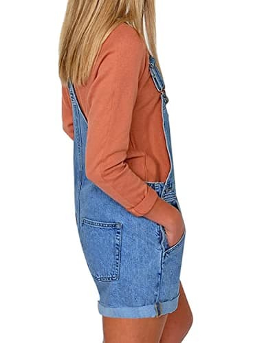 Vetinee Women's Medium Denim Blue Classic Adjustable Straps Cuffed Hem Denim Bib Overall Shorts X-Large - Image 3